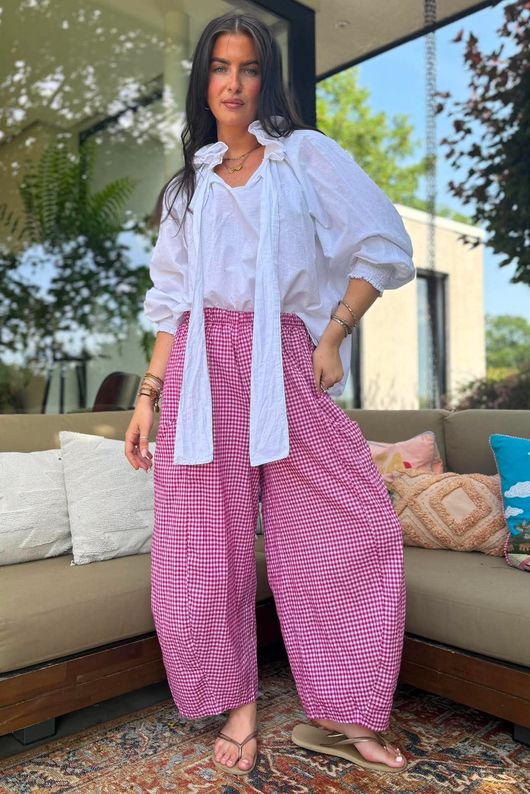 Arbi Gingham Relaxed Barrel Pant Magenta
